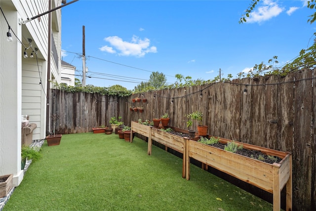 view of yard featuring a garden and a fenced backyard