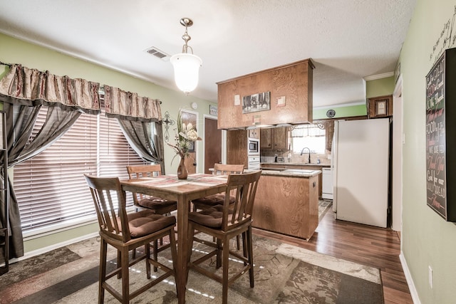 dining space featuring dark wood-type flooring, sink, and a textured ceiling