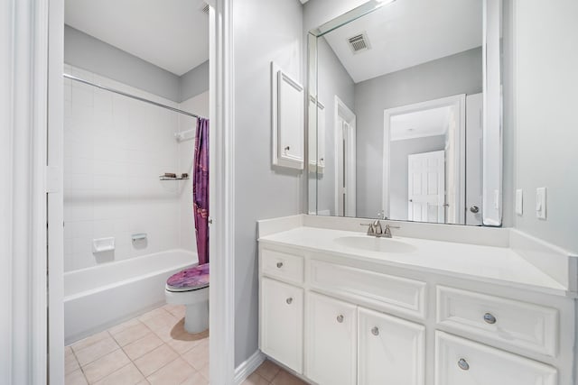 full bathroom with vanity, shower / bath combo, tile patterned floors, and toilet