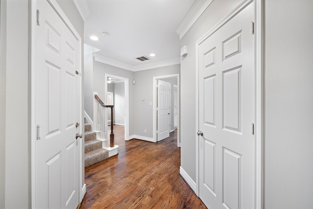 corridor with crown molding and dark wood-type flooring