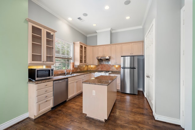 kitchen with sink, backsplash, dark stone counters, a center island, and stainless steel appliances