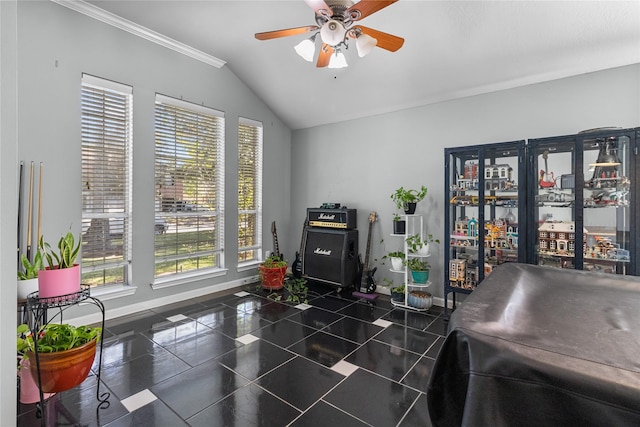 office featuring ceiling fan, ornamental molding, and vaulted ceiling