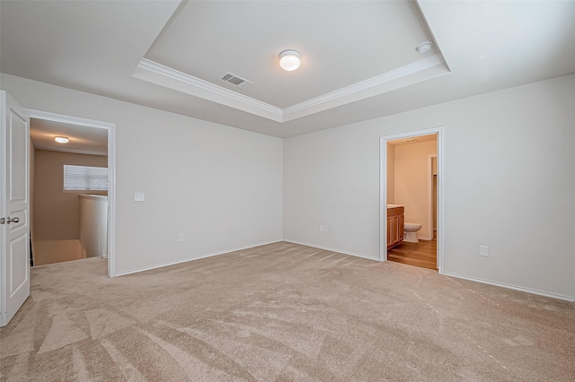 interior space with light carpet, a tray ceiling, and crown molding