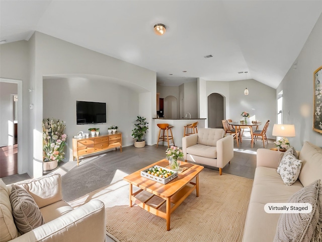 living room featuring vaulted ceiling