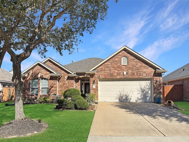 view of front of home with a garage and a front lawn