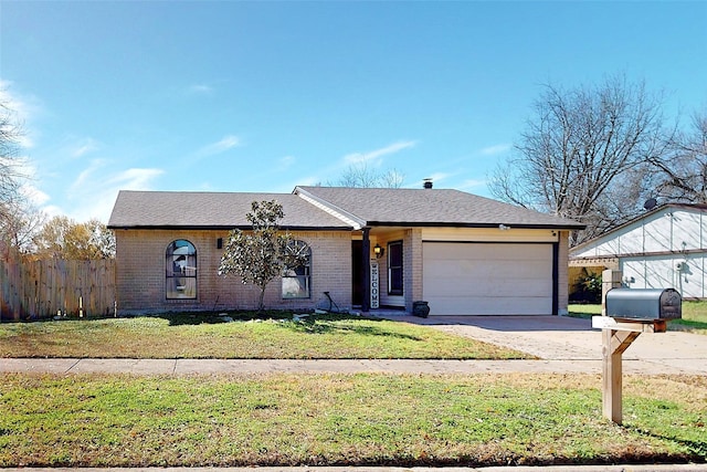 ranch-style home featuring a garage and a front lawn