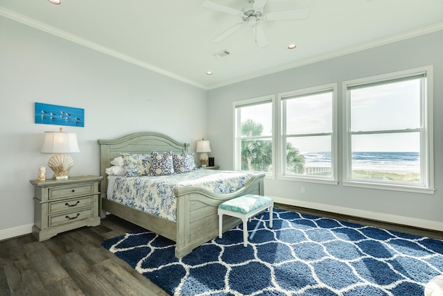 bedroom featuring crown molding, ceiling fan, and dark hardwood / wood-style floors