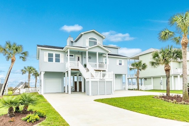 coastal inspired home with a garage, a front lawn, a carport, and covered porch