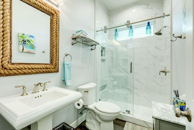 bathroom featuring toilet, sink, and walk in shower