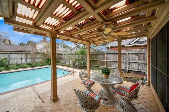 view of pool with ceiling fan, a pergola, and a patio area