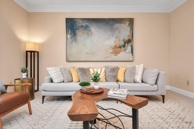 carpeted living room with crown molding