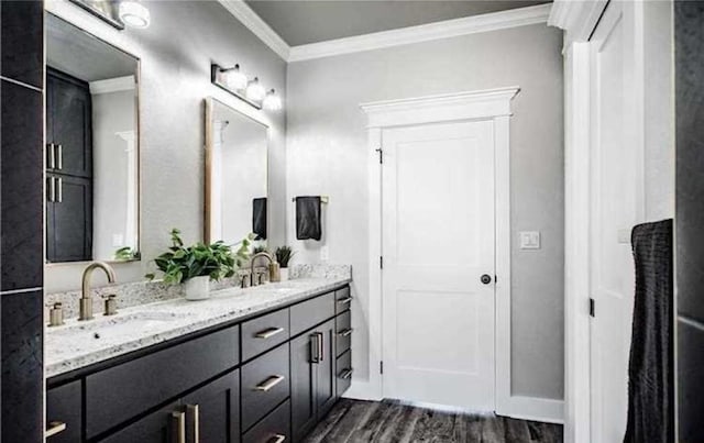 bathroom with vanity, crown molding, and hardwood / wood-style flooring