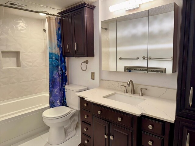 full bathroom with toilet, vanity, shower / bathtub combination with curtain, and tile patterned flooring