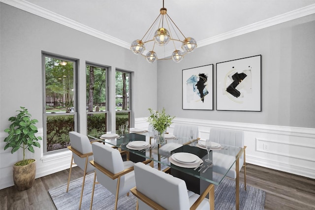 dining space with ornamental molding, dark hardwood / wood-style floors, and a chandelier