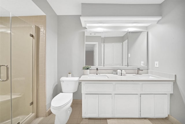 bathroom with vanity, toilet, tile patterned floors, and a shower with shower door