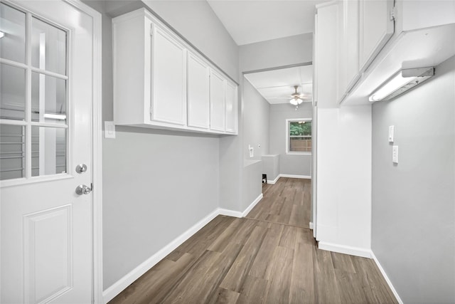 washroom featuring ceiling fan and dark hardwood / wood-style flooring