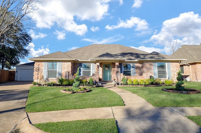 ranch-style home with a garage and a front yard