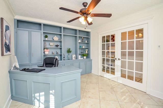 unfurnished office with french doors, light tile patterned flooring, crown molding, a textured ceiling, and ceiling fan