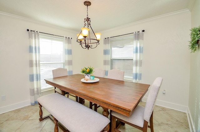 tiled dining room featuring ornamental molding and a notable chandelier