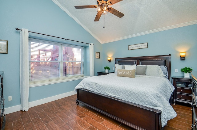 bedroom with crown molding, vaulted ceiling, dark hardwood / wood-style floors, and a textured ceiling