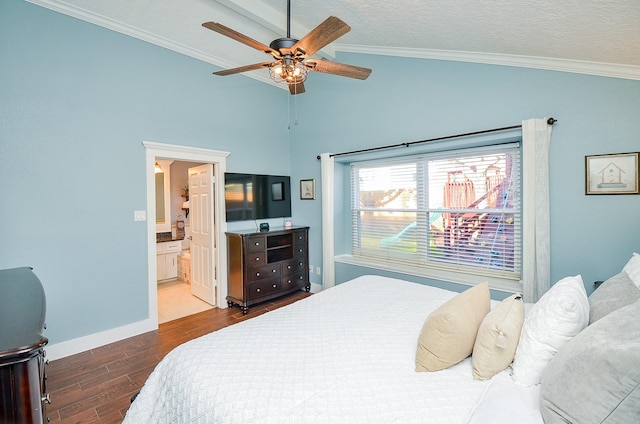 bedroom with crown molding, lofted ceiling, hardwood / wood-style floors, and ensuite bathroom