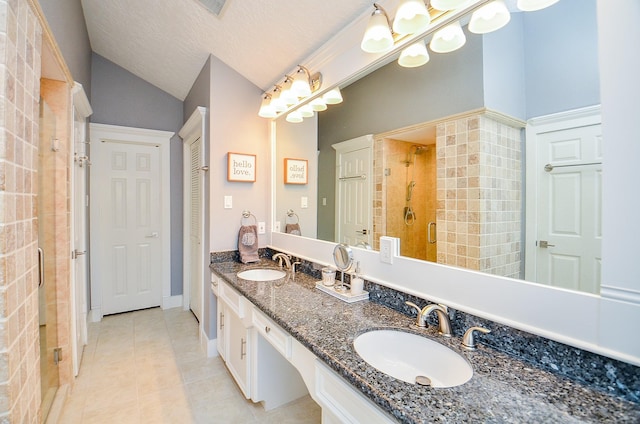 bathroom featuring vanity, vaulted ceiling, tile patterned floors, and a shower with shower door