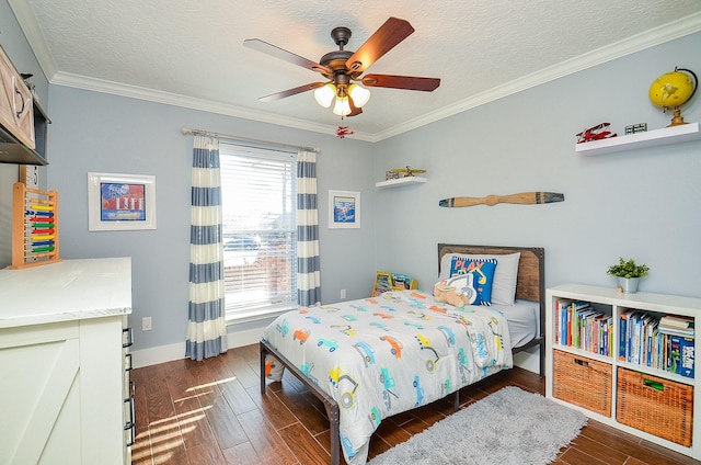 bedroom featuring dark hardwood / wood-style flooring, ceiling fan, ornamental molding, and a textured ceiling