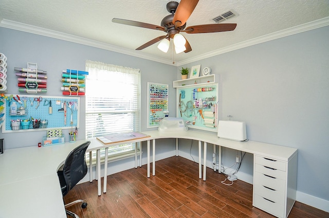 office area featuring ceiling fan, ornamental molding, dark hardwood / wood-style flooring, and a textured ceiling