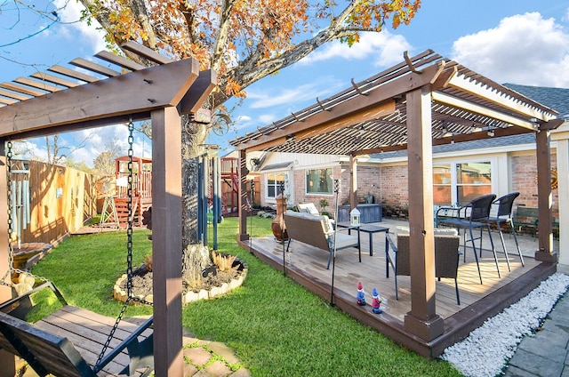 view of yard with an outdoor living space, a pergola, and a deck