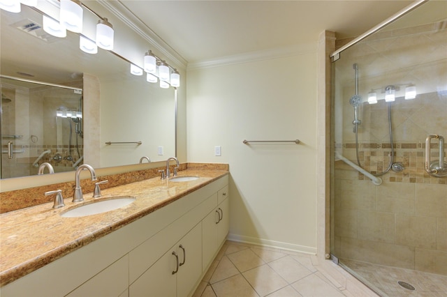 bathroom featuring an enclosed shower, crown molding, tile patterned floors, and vanity