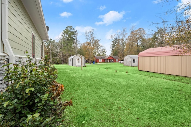 view of yard featuring a storage unit