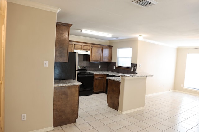 kitchen with black / electric stove, ornamental molding, kitchen peninsula, and light stone counters