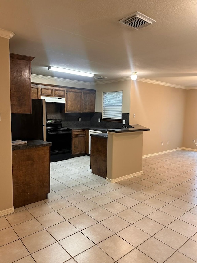 kitchen featuring ornamental molding, kitchen peninsula, light tile patterned floors, and black range with electric cooktop