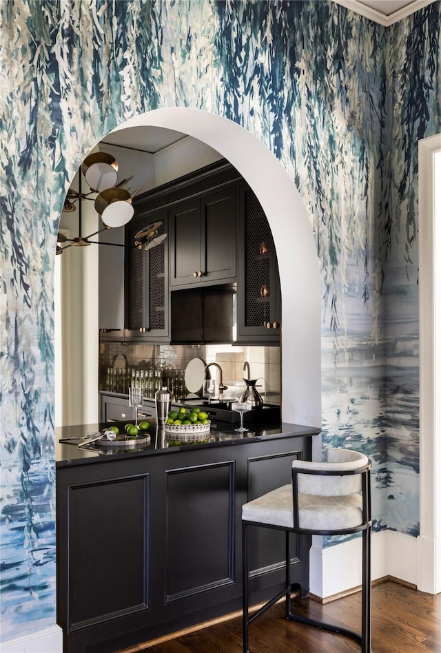 bar featuring dark hardwood / wood-style floors and backsplash