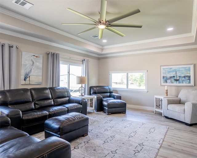 living room featuring plenty of natural light, light hardwood / wood-style floors, and a tray ceiling