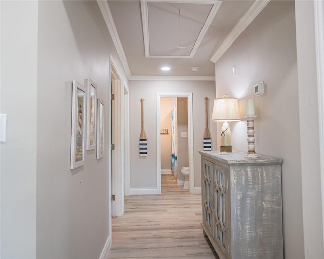 hallway featuring ornamental molding and light wood-type flooring