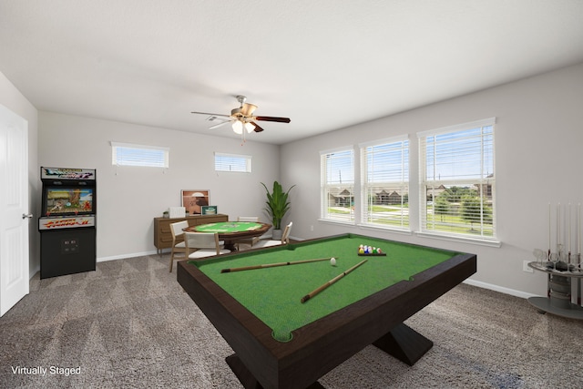 game room featuring ceiling fan and carpet