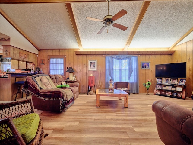 living room featuring ceiling fan, a healthy amount of sunlight, light hardwood / wood-style floors, and a textured ceiling