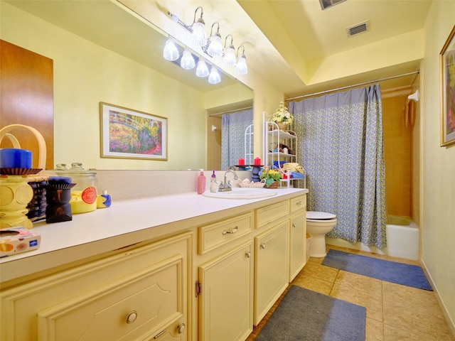 full bathroom with toilet, tile patterned floors, shower / bathtub combination with curtain, and vanity