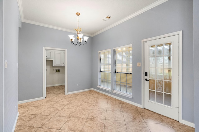 unfurnished dining area featuring crown molding, light tile patterned floors, and a chandelier