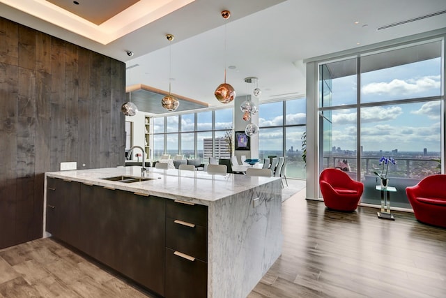 kitchen with sink, a wall of windows, wooden walls, dark brown cabinetry, and light stone countertops