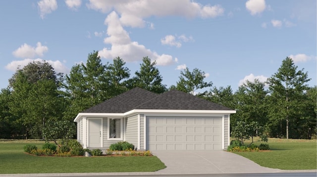 exterior space with a garage and a front lawn