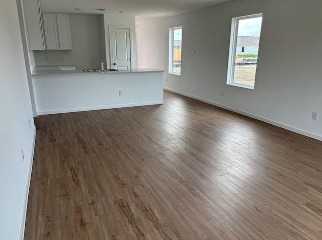 unfurnished living room with sink and dark wood-type flooring