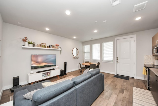 living room with light hardwood / wood-style flooring