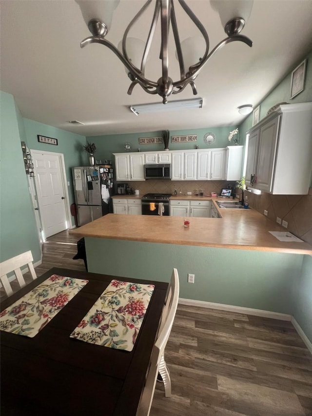 kitchen featuring appliances with stainless steel finishes, white cabinetry, sink, backsplash, and kitchen peninsula