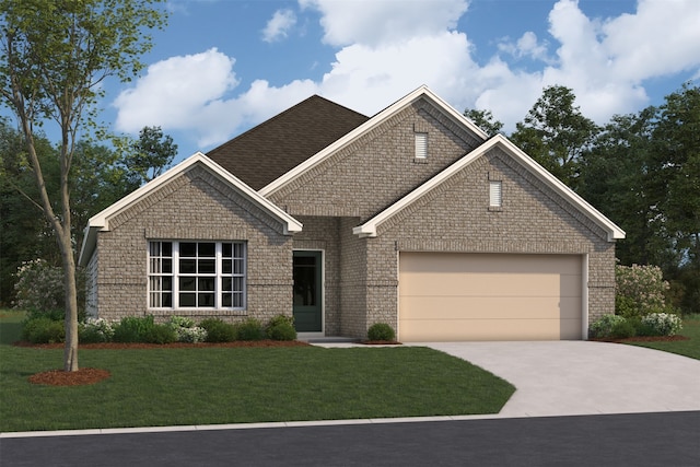 view of front of home with a garage, driveway, a front lawn, and brick siding