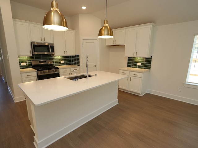22478 Birchfield Grove Ln, New Caney, TX 77357 - kitchen featuring stainless steel appliances, a sink, decorative backsplash, dark wood-style flooring, and white cabinets