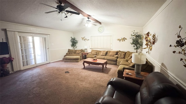 carpeted living room with vaulted ceiling with beams, ornamental molding, a textured ceiling, and ceiling fan