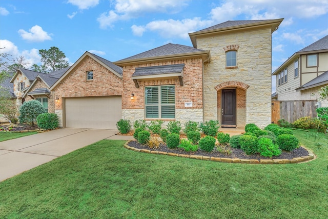 view of front of home with a garage and a front lawn