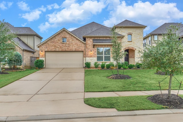 view of front of house with a garage and a front lawn